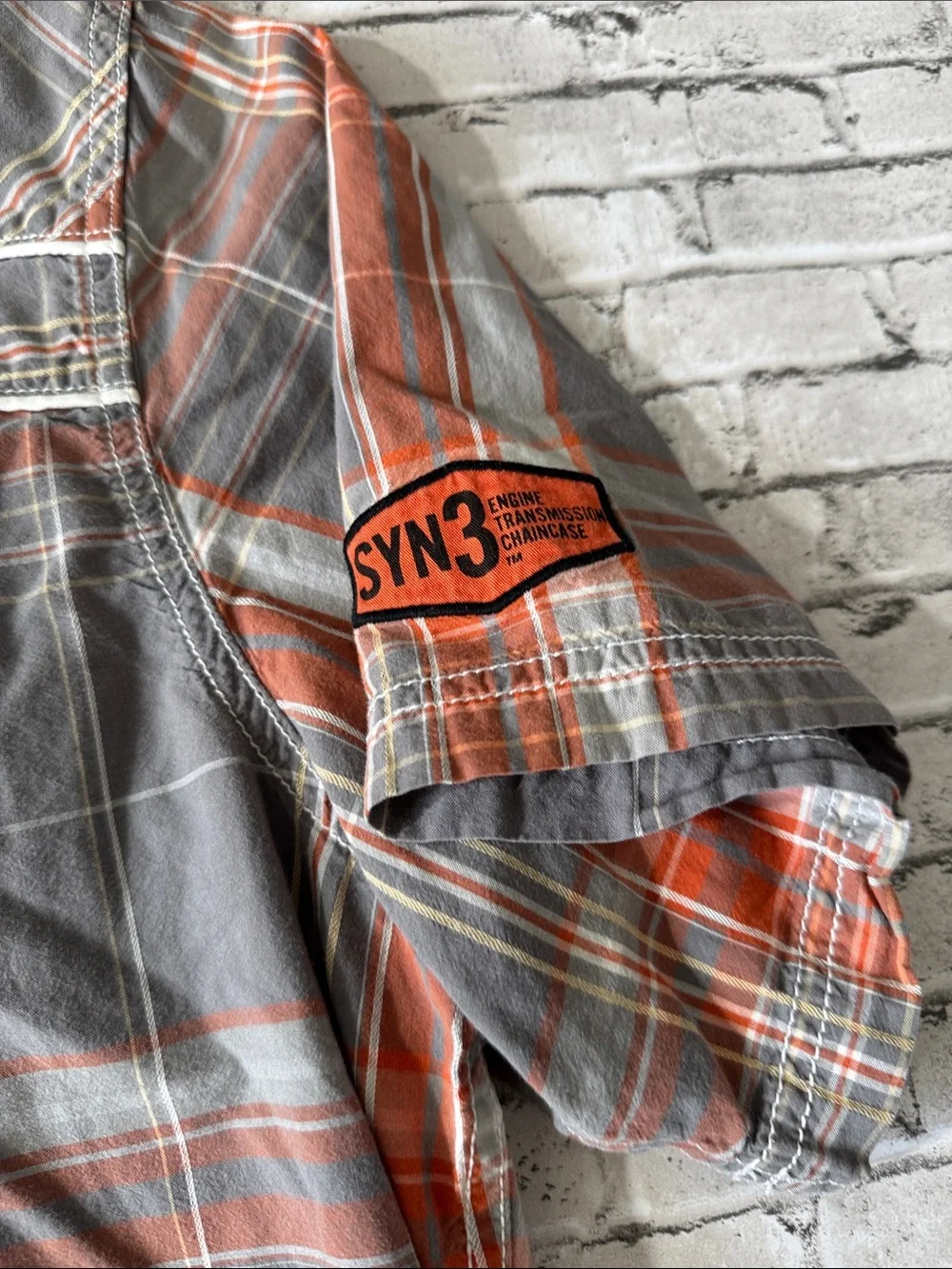 Harley Davidson men XL orange gray plaid pearl snap short sleeve button up shirt